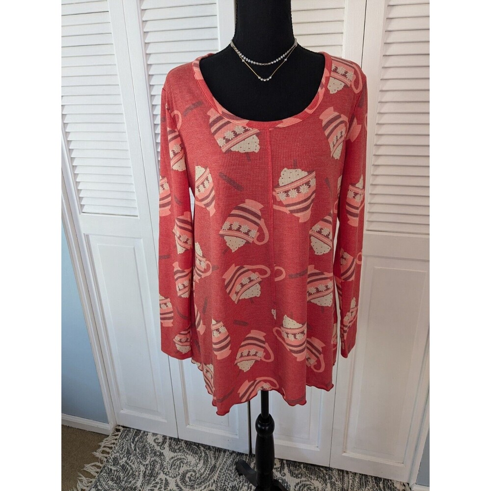 Any Body Cozy PJ Top Women's M Cocoa Mugs Waffle Weave Super Soft Hot Chocolate